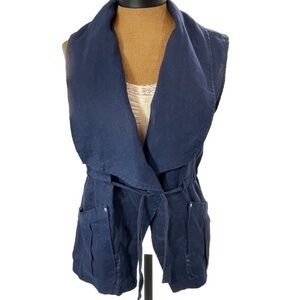 For Cynthia blue 100% linen military safari vest widewide lapel drawstring tie S